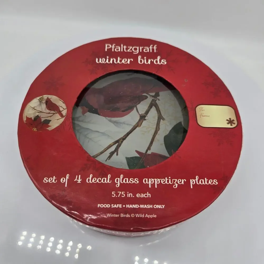 Pfaltzgraff New Winter Birds Decal Glass Appetizer Plates Set of 4 5.75